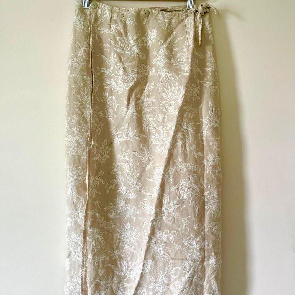 Vintage Talbots Linen Tie Wrap Cream and White Midi Skirt Floral Granola Girl